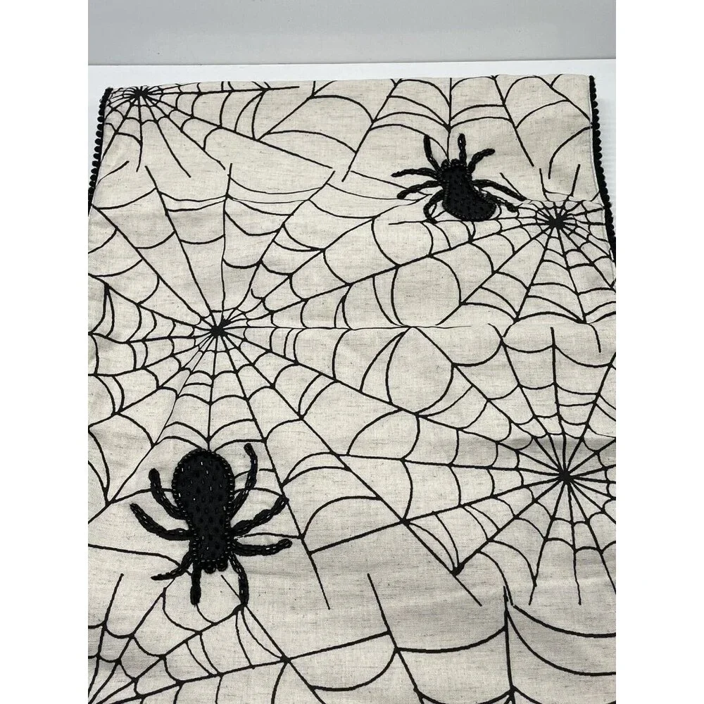 Black Spider Web Black Beaded Halloween Table Runner Hallow Home 71” x‎ 17”  EL1